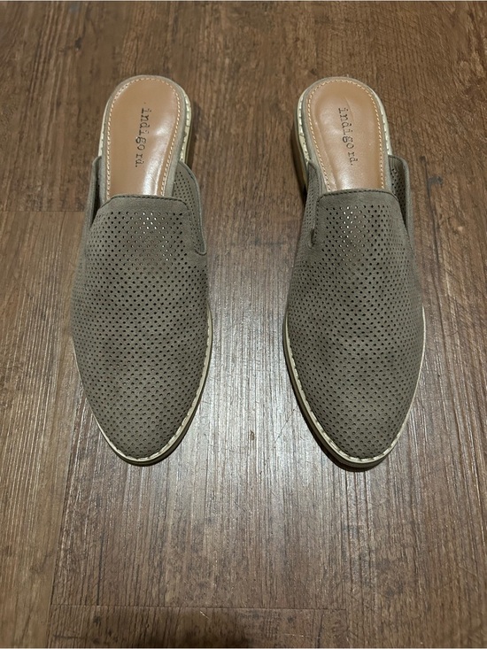 Indigo Shoes - Indigo Taupe Perforated Suede Slip-On Mules